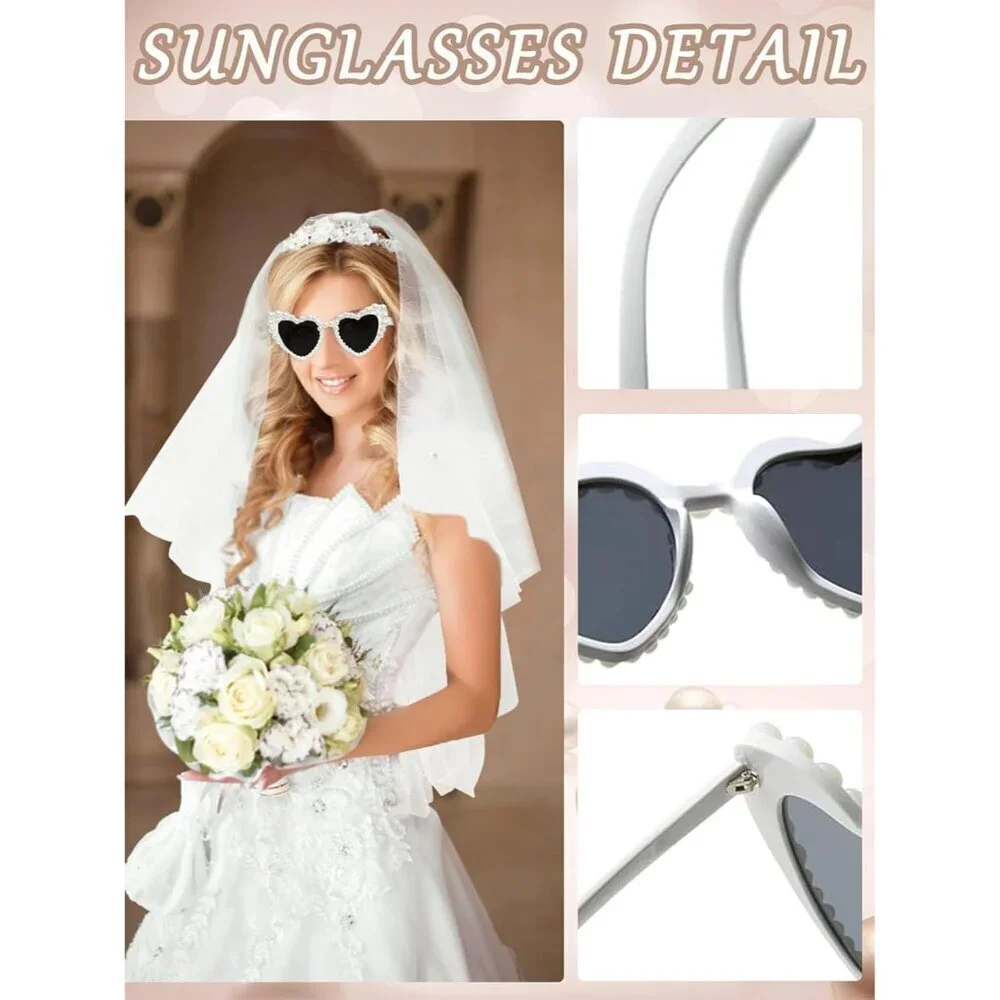 Pearl Bride Headband with Veil Heart Shaped Pearl Sunglasses for Wedding